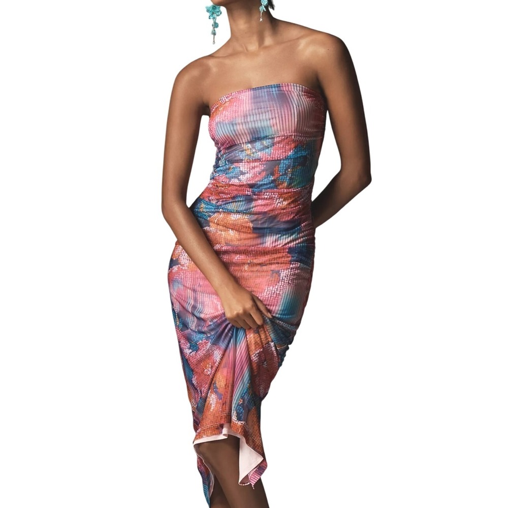 ANTHROPOLOGIE‎ Soleil Slim Strapless Midi Dress L and XL Ruched Mesh Pink Floral - Picture 6 of 16